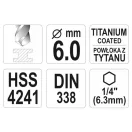 YATO Spirálový vrták 6,0 x 113/57 mm HSS-TiN pre upnutie bitu
