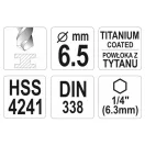 YATO Šneková vŕtačka 6,5 x 121/63 mm HSS-TiN s bitovým uchytením
