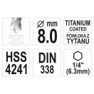 YATO Spirálový vrták 8,0 x 117/75 mm HSS-TiN s upínacím hriadeľom