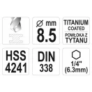 YATO Drevený vrták 8,5 x 117/75 mm HSS-TiN bitový záber