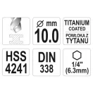 YATO Šnekový vrták 10,0 x 133/87 mm HSS-TiN s bitovým upevnením