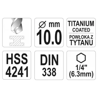   YATO Šnekový vrták 10,0 x 133/87 mm HSS-TiN s bitovým upevnením