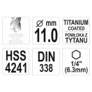 YATO Drevený vŕták 11,0 x 142/94 mm HSS-TiN s úchopom pre bit