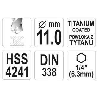   YATO Drevený vŕták 11,0 x 142/94 mm HSS-TiN s úchopom pre bit