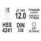 YATO Šneková vŕtačka 12,0 x 151/101 mm HSS-TiN s bitovým držiakom
