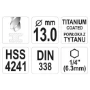 YATO Šnekový vrták 13,0 x 151/101 mm HSS-TiN pre bitové upínanie