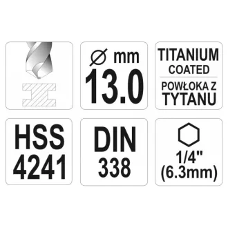   YATO Šnekový vrták 13,0 x 151/101 mm HSS-TiN pre bitové upínanie