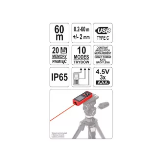 YATO Laserový merač vzdialenosti 0,2-60 m IP65