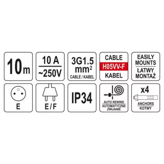   YATO Automatický káblový bubon pre montáž na stenu 10 m 3 x 1,5 mm2