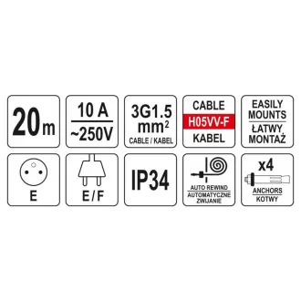   YATO Automatický káblový bubon pre montáž na stenu 20 m 3 x 1,5 mm2