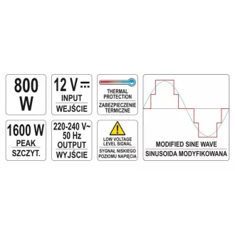 YATO Napäťový adaptér menič 12V->230V 800W