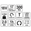 YATO Akumulátorový rázový uťahovák 1/2" 300 Nm 18 V Li-Ion (1 x 2,0 Ah batéria + nabíjačka)