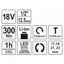YATO Akumulátorový rázový uťahovák 1/2" 300 Nm 18 V Li-Ion (bez batérie + nabíjačky)