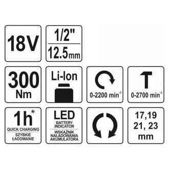   YATO Akumulátorový rázový uťahovák 1/2" 300 Nm 18 V Li-Ion (bez batérie + nabíjačky)