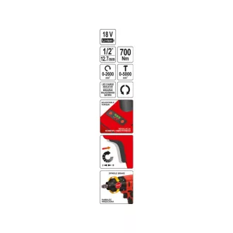   YATO Akumulátorový rázový skrutkovač 1/2" 700 Nm bez uhlíkov 18 V (bez batérie a nabíjačky)