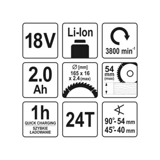   YATO Aku okružná píla 165 mm 18 V Li-Ion (1 x 2,0 Ah akumulátor + nabíjačka)