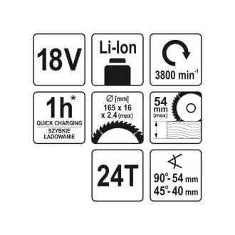   YATO Aku okružná píla 165 mm 18 V Li-Ion (bez akumulátora + nabíjačky)