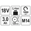 YATO Akumulátorová uhlová brúska 125 mm 18 V Li-Ion (2 x 3,0 Ah akumulátor + nabíjačka)