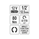 YATO Akumulátorový rohový rázový uťahovák 1/2" 80 Nm bez uhlíkovej kefky 12 V Li-Ion (bez akumulátora + nabíjačky)