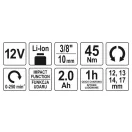 YATO Akumulátorový rohový rázový uťahovák 3/8" 45 Nm 12 V Li-Ion (1 x 2,0 Ah batéria + nabíjačka)