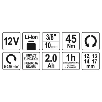   YATO Akumulátorový rohový rázový uťahovák 3/8" 45 Nm 12 V Li-Ion (1 x 2,0 Ah batéria + nabíjačka)