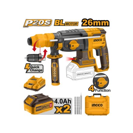 INGCO Bezuhlíkový kombinovaný akumulátorový kladivo 2,5 J SDS-Plus 20 V (2 x 4,0 Ah batéria + nabíjačka)
