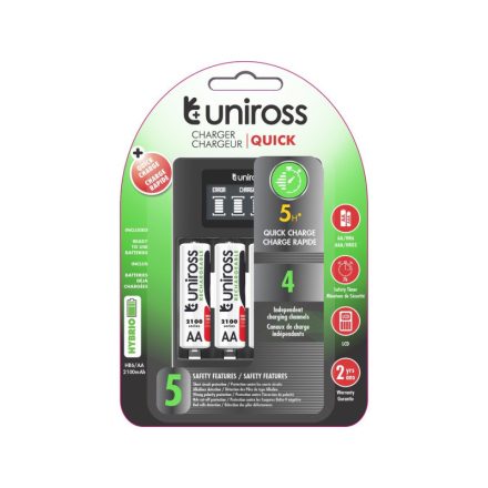 Kompaktná rýchlonabíjačka UNIROSS + 4 AA/tužkové batérie 1,2 V 2100 mAh