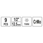 Sada nástrčkových kľúčov pre stroj YATO 9 kusov Torx 1/2" T20-T70 CrMo